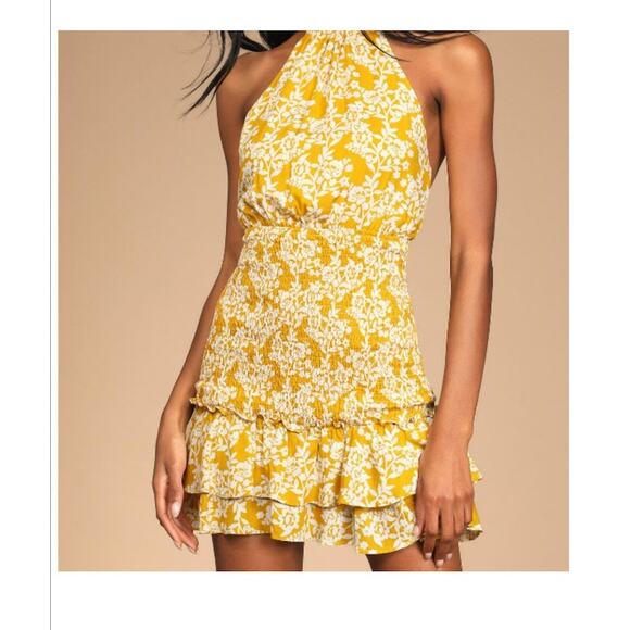 Lulus Budding Palette Yellow Floral Halter Mini Dress Ruffle Hem Size M - Picture 1 of 8
